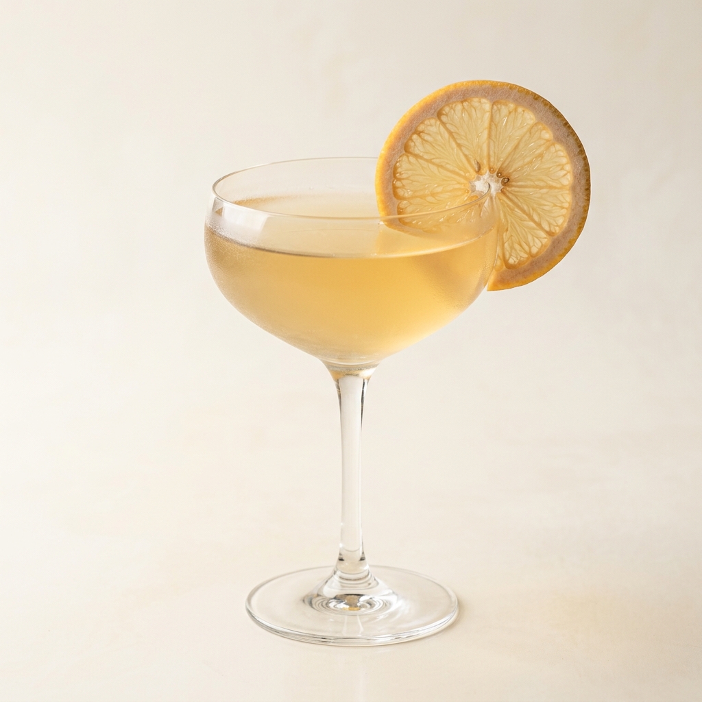 A golden citrus cocktail in a coupe