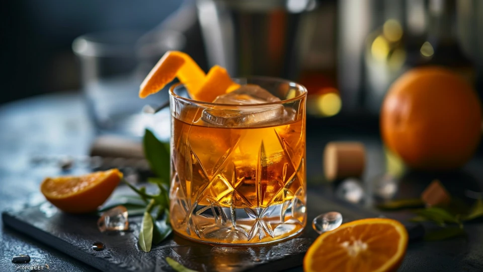 Whiskey Orchard Breeze cocktail in an Old Fashioned glass, garnished with a twisted orange peel, depicting a sophisticated and refreshing look.