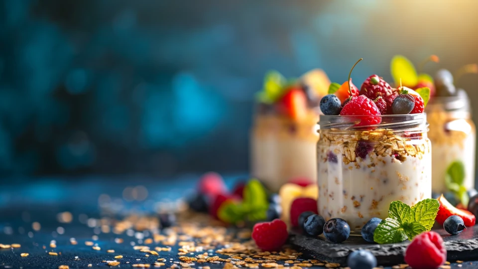 Rustic mason jars filled with layers of creamy overnight oats, topped with vibrant berries and a hint of orange zest.