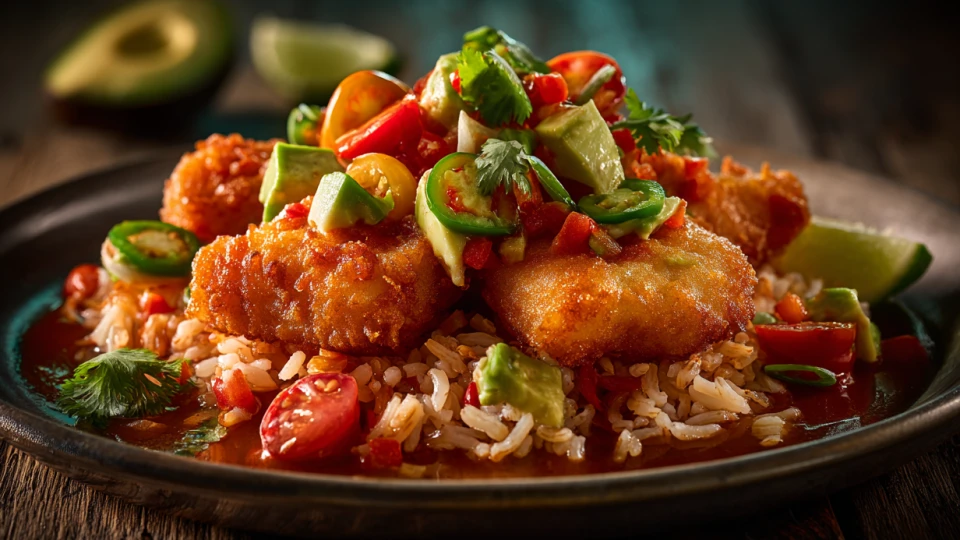 Stylistic cookbook photograph of Arroz Rojo with Tempura Fish and Avocado Salsa.