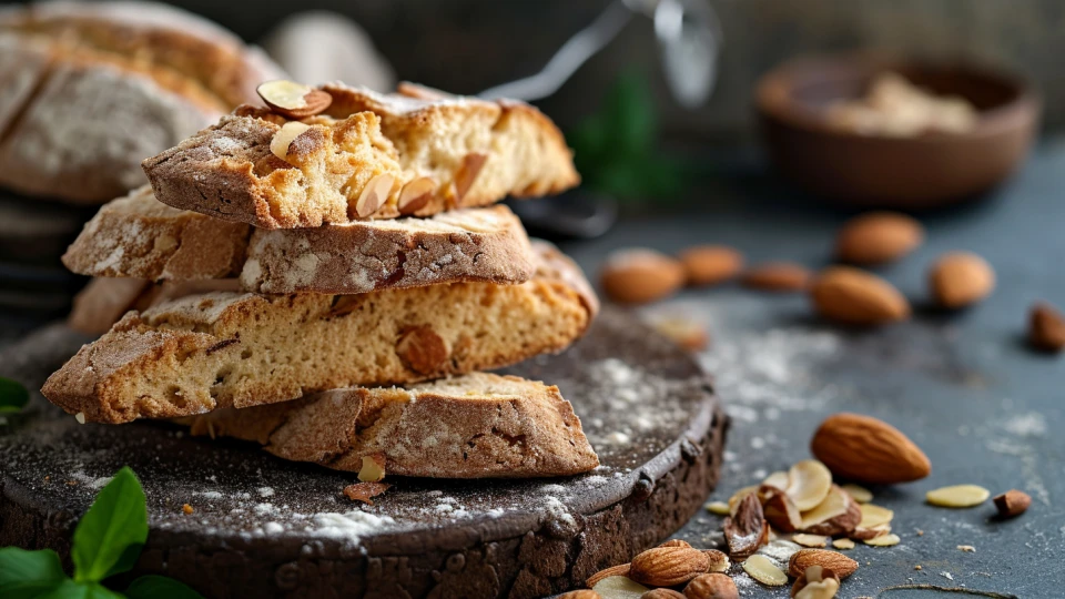 Rows of golden brown almond biscotti arrayed enticingly on a rustic table.