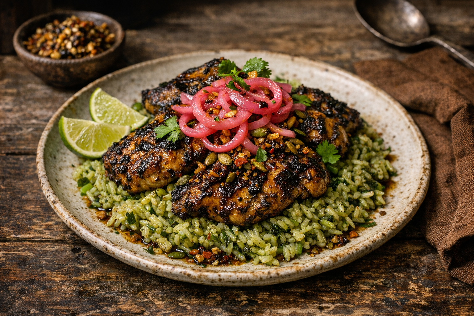 Charred cilantro-lime chicken over coconut green rice with pink pickled onions and pepita chili crunch in a moody, night‑market style setting.