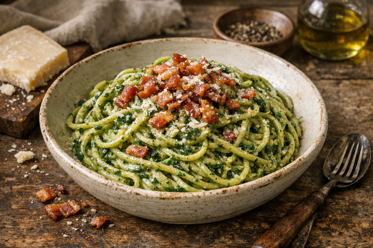 A bowl of pasta carbonara with vibrant spinach and crispy pancetta.