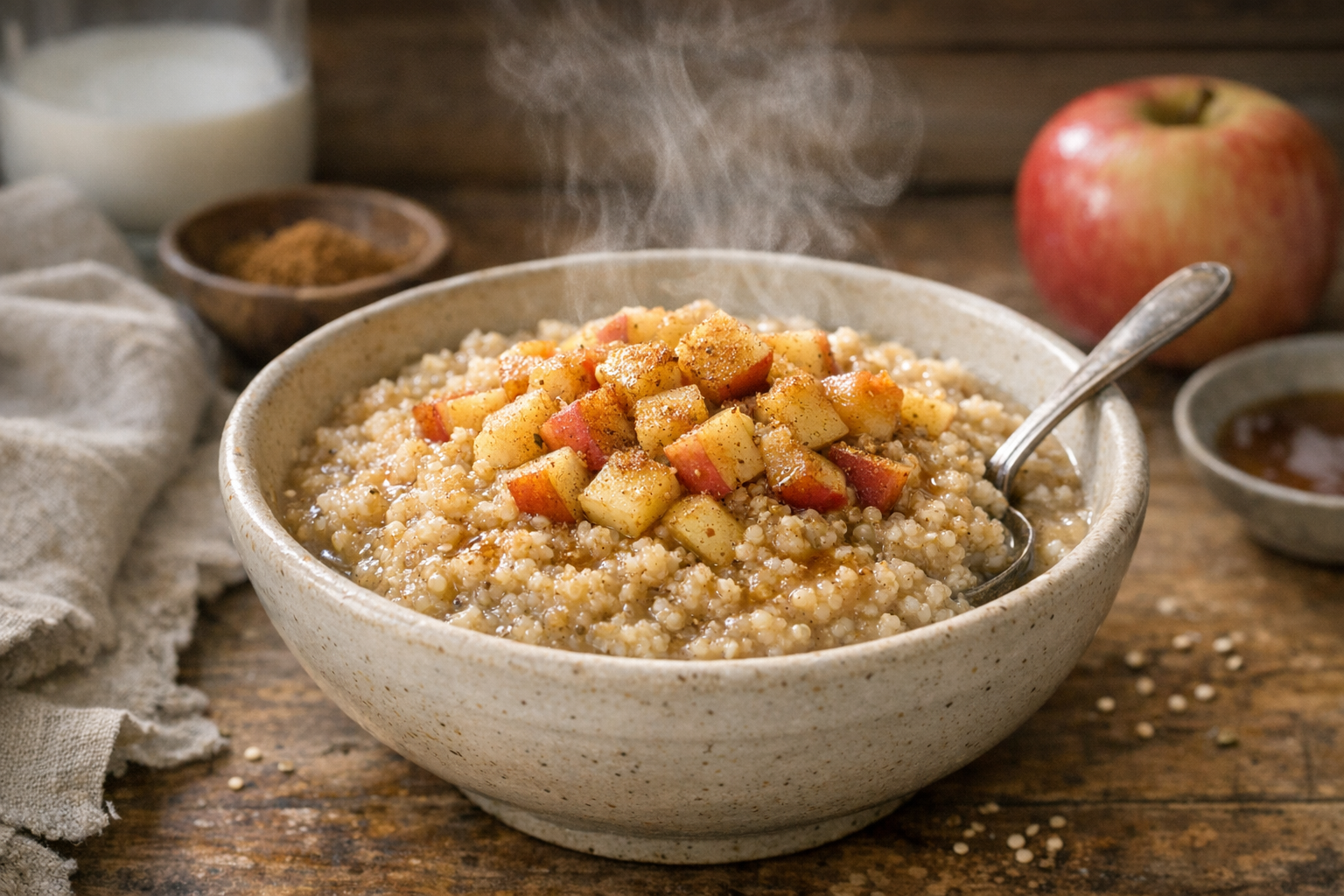 Steaming bowl of Peruvian quinoa porridge topped with apple and cinnamon, in soft morning light.