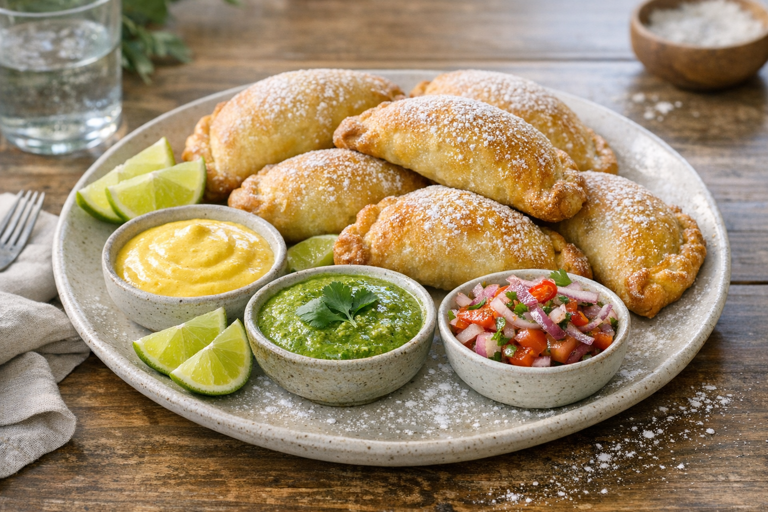 Golden Peruvian beef empanadas dusted with icing sugar, served with three colourful dips and lime wedges.