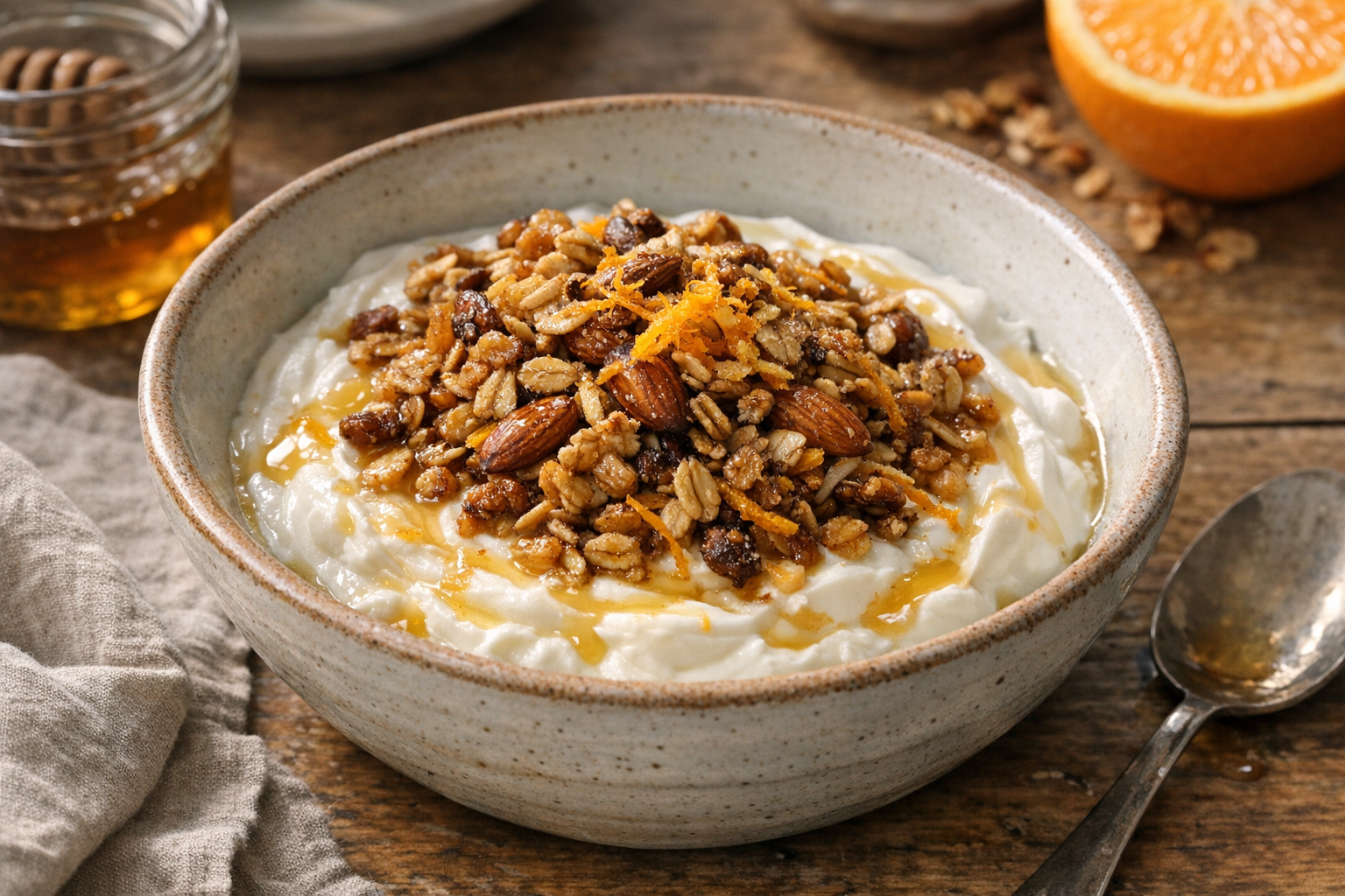 Ceramic bowl with Greek yogurt, toasted granola, orange zest, and honey drizzled on top in warm morning light.