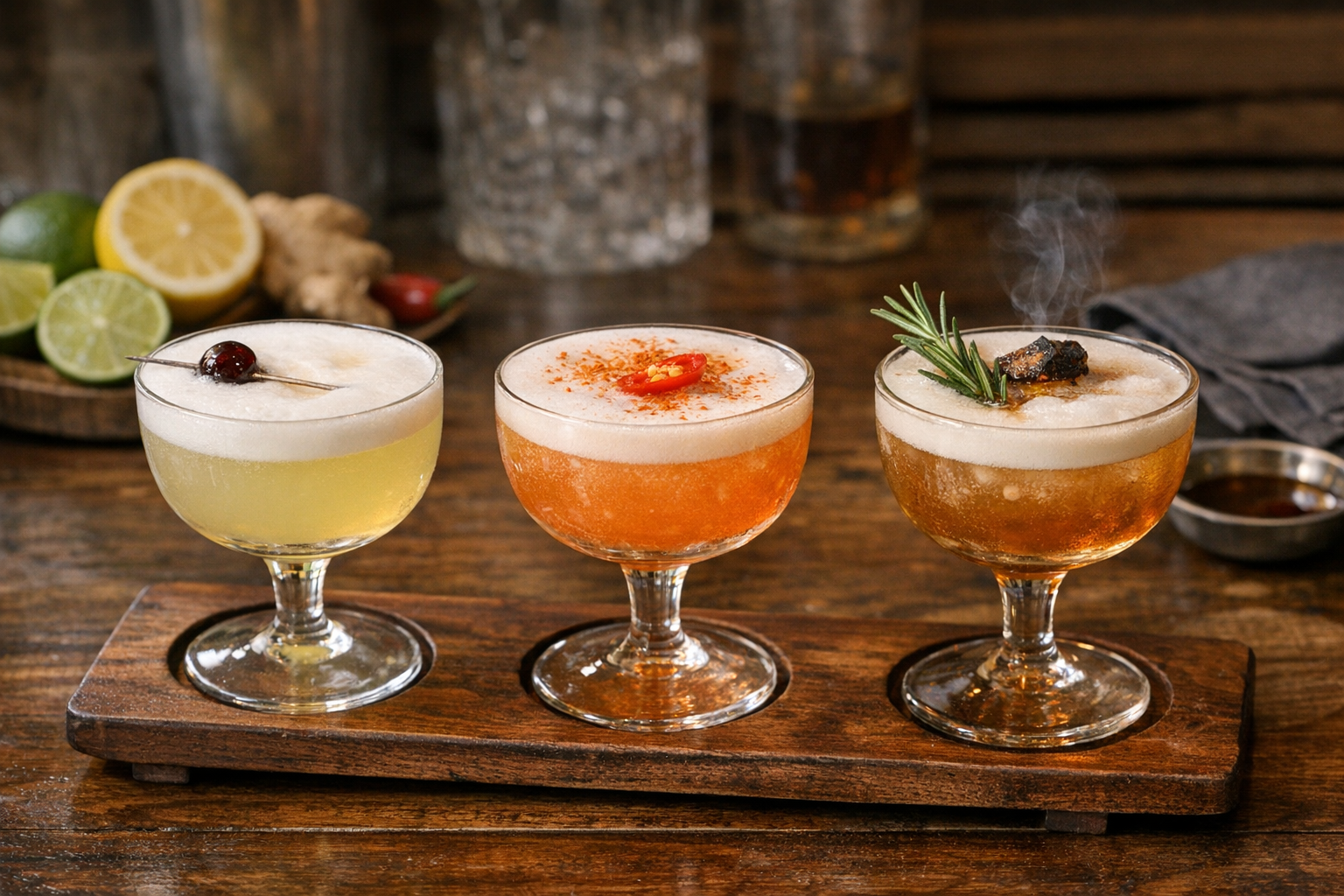 Three Whisky Sours—classic, spicy ginger-chili, and smoky maple rosemary—on a polished bar with citrus and herbs.