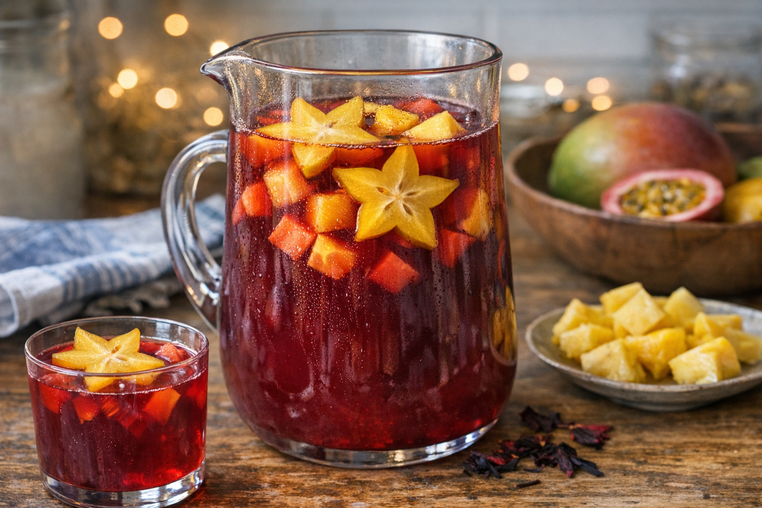 Ruby-red tropical punch in a glass pitcher with starfruit and pineapple, no bubbles, festive New Year setting.