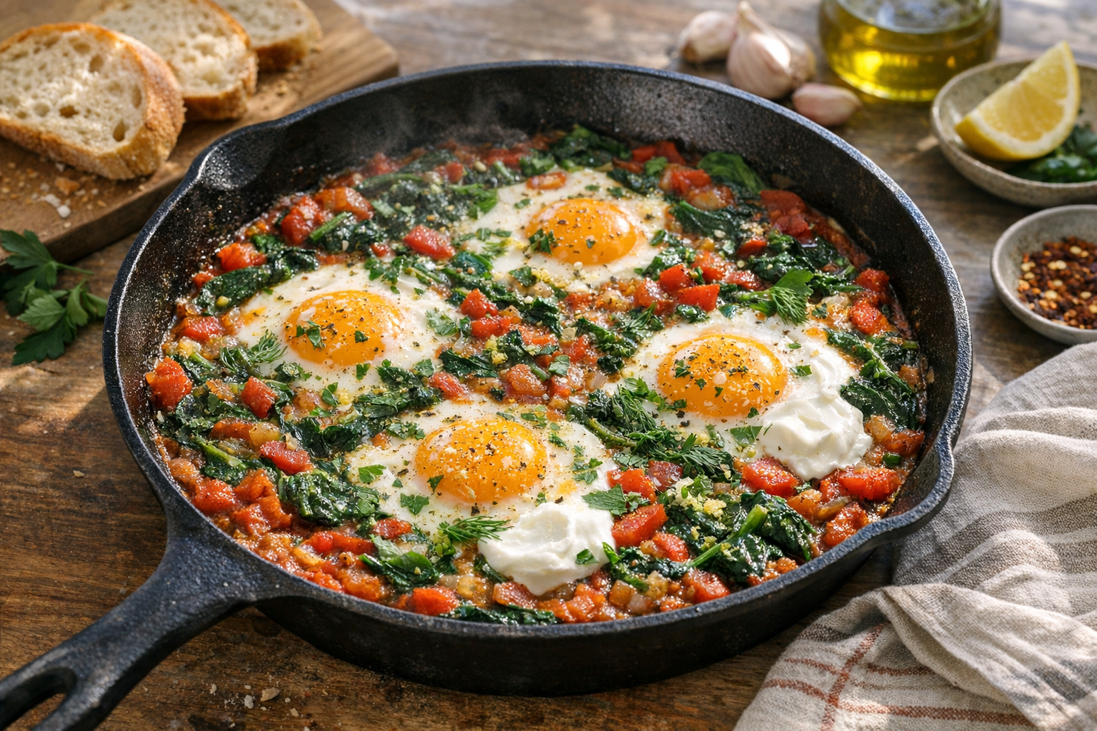 Sunlit skillet of light breakfast shakshuka with spinach, herbs, and softly set eggs.
