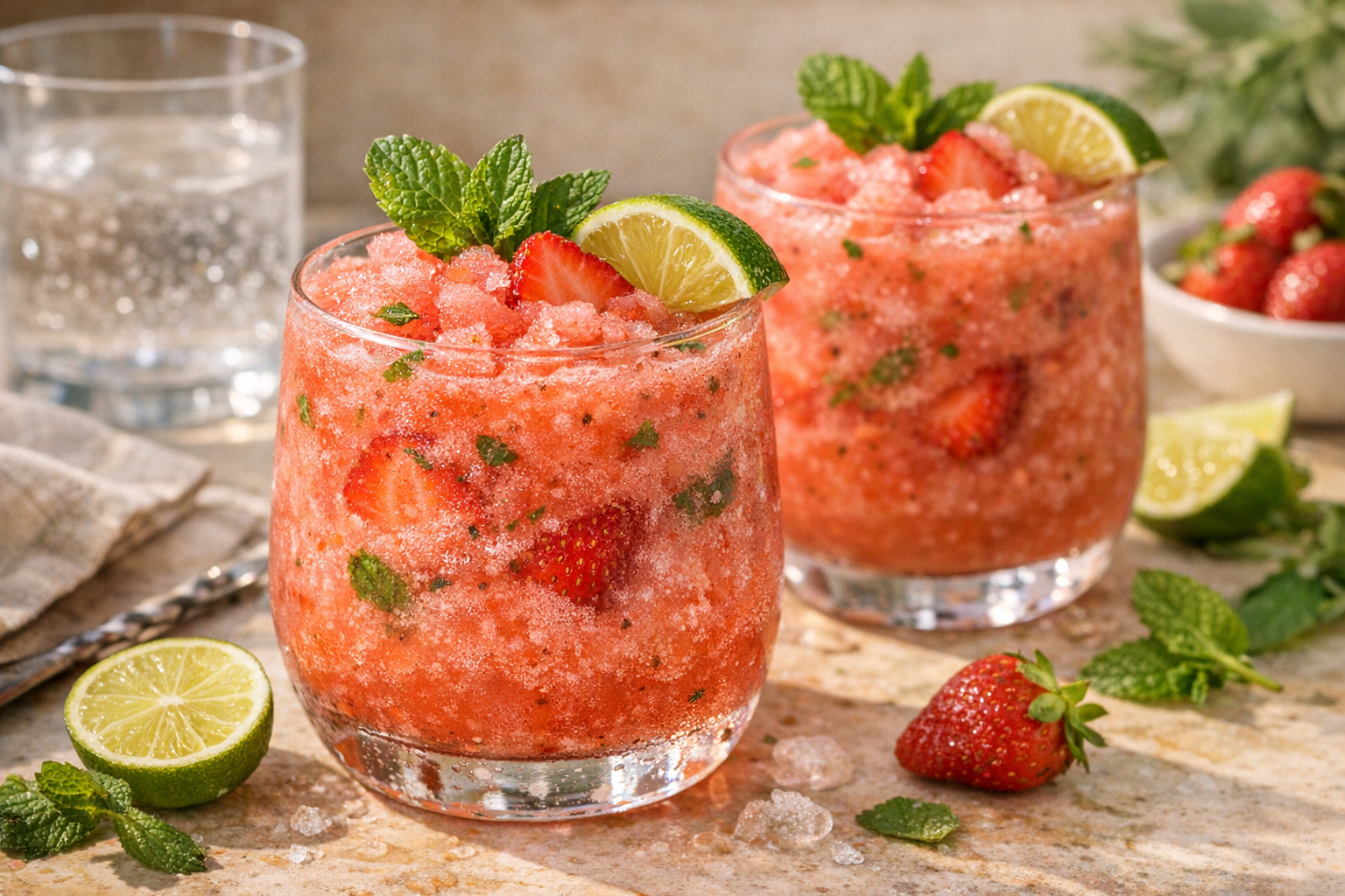 Frosty pink frozen strawberry mojitos in chilled glasses with mint and lime under warm summer light.
