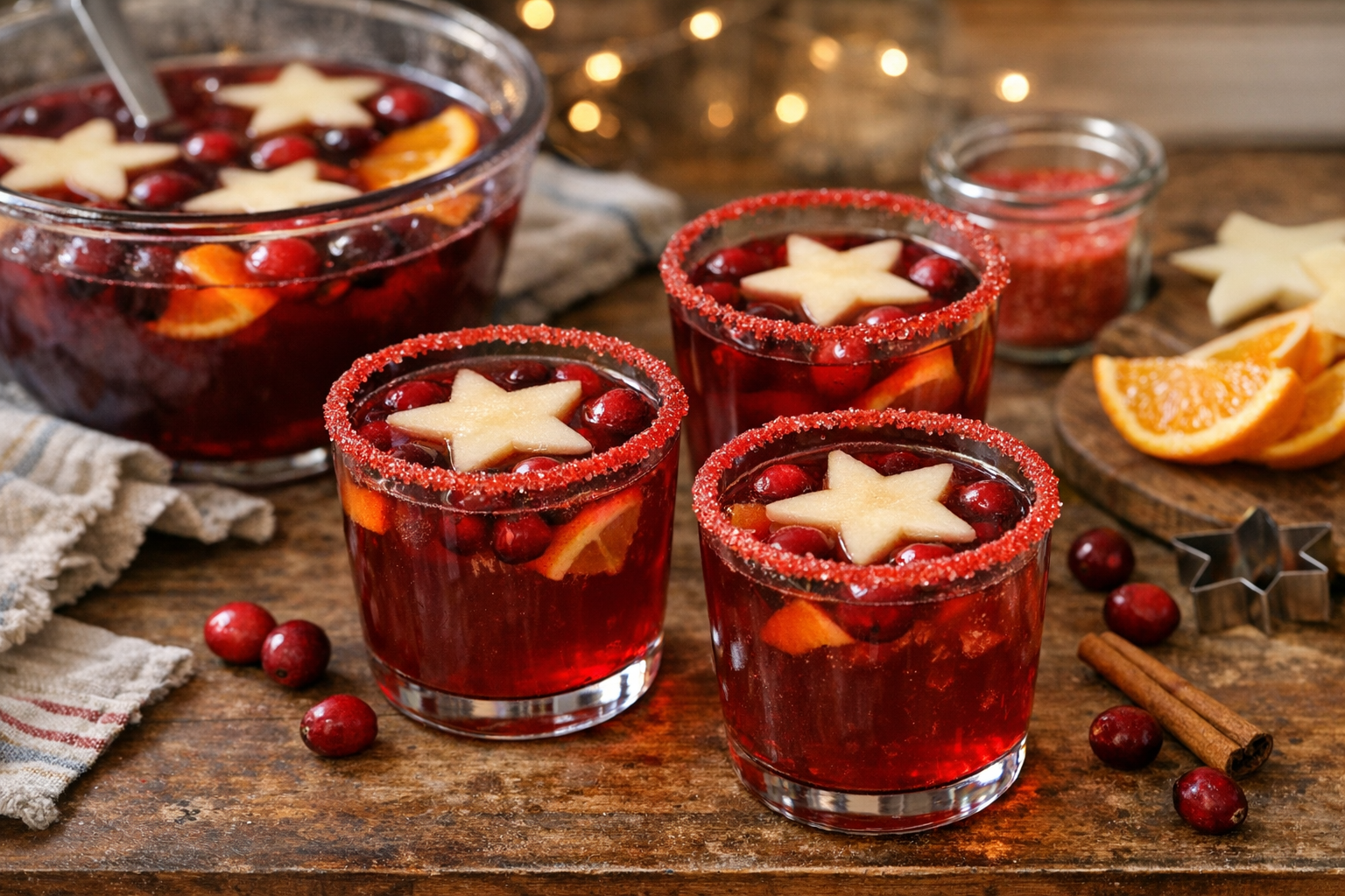 Ruby-red kid-friendly New Year’s mocktail in sugar-rimmed glasses with star-shaped apple garnish.