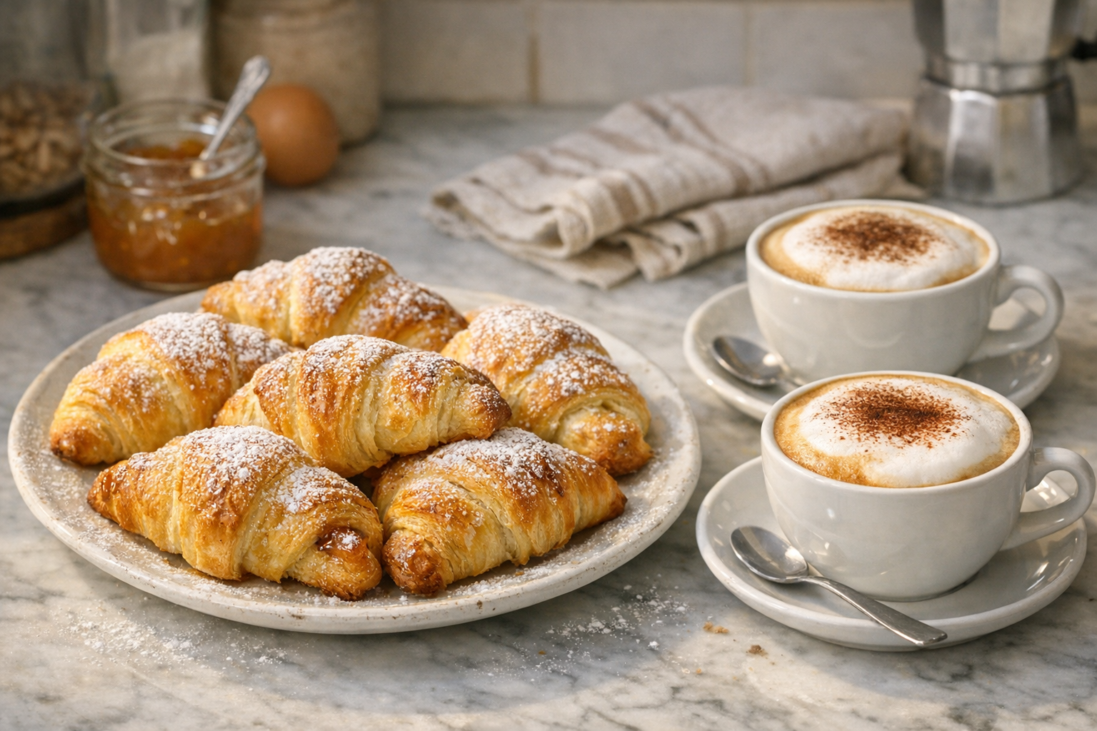 Golden cornetti and cappuccini on a marble counter in soft morning light.