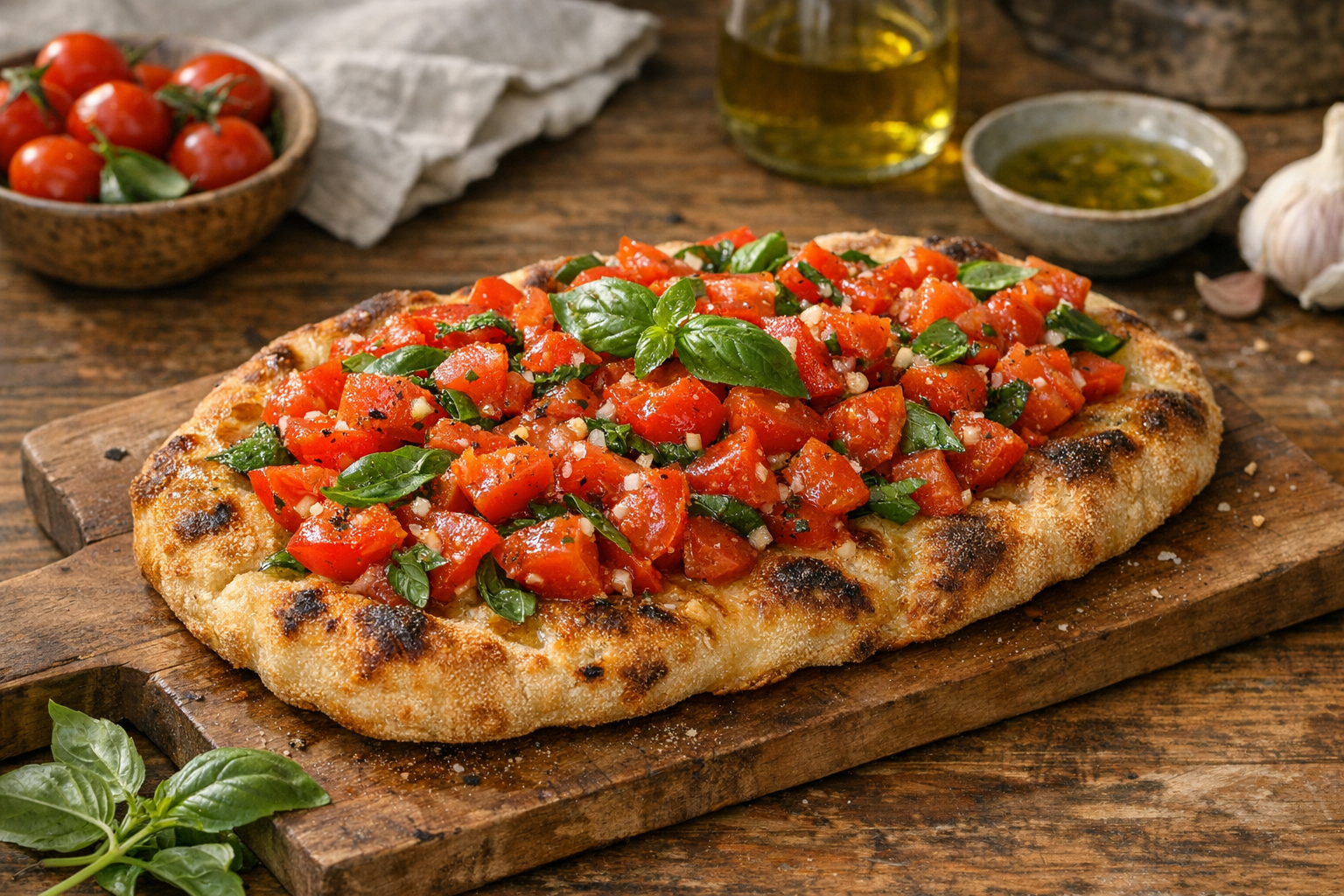 Crisp Roman pinsa topped with glossy tomato-basil bruschetta on a wooden board.