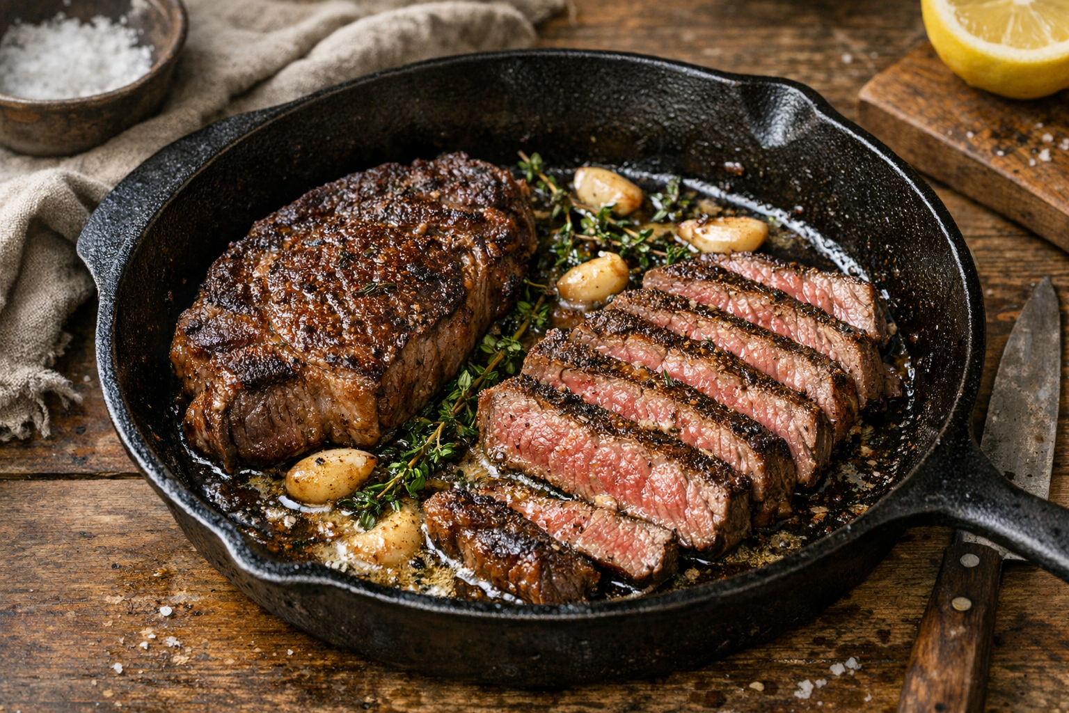 Sliced medium-rare pan-fried entrecôte with garlic-thyme butter in a cast-iron pan on a wooden table