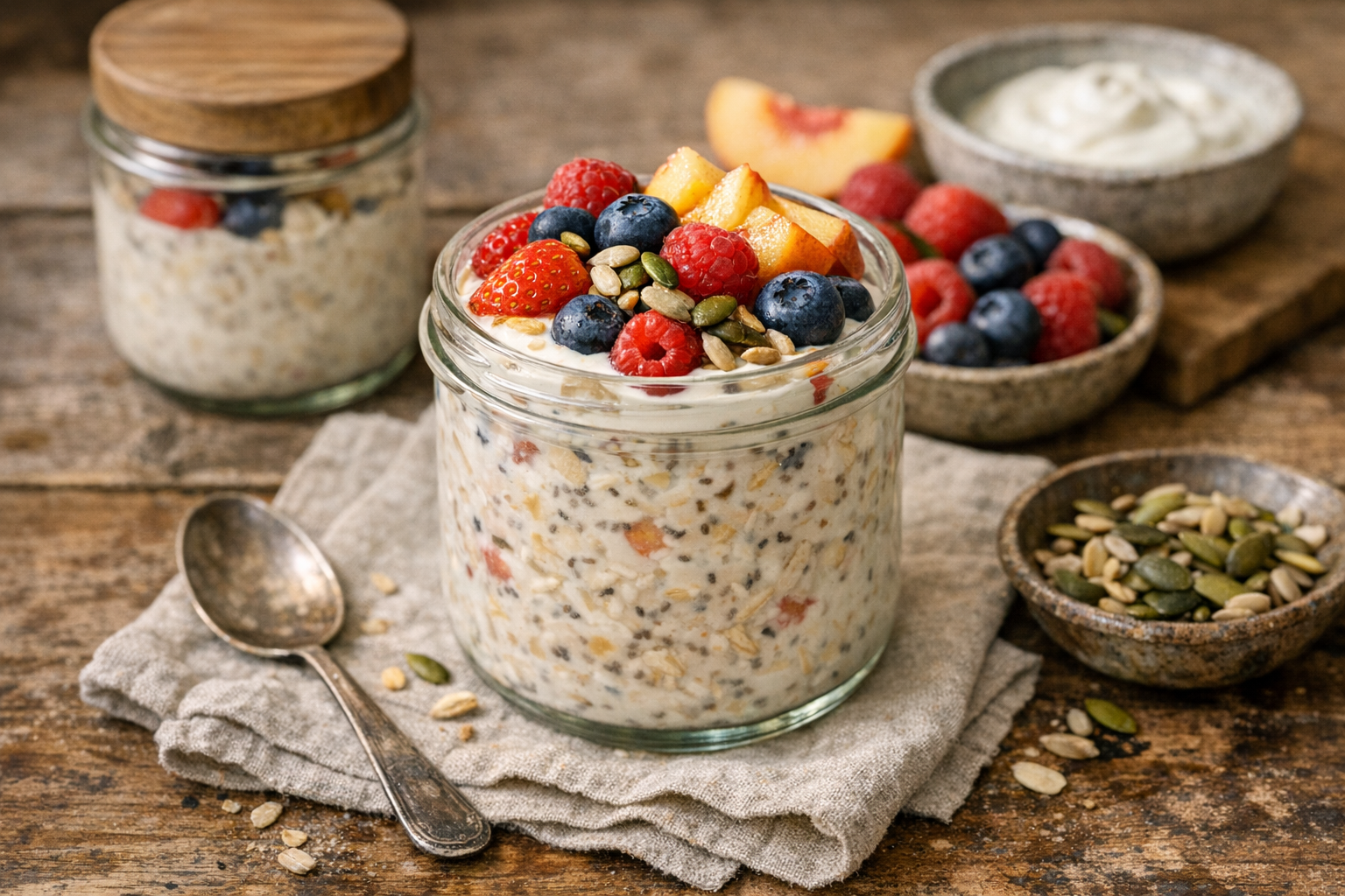 Glass jars of creamy overnight oats with berries, seeds, and yogurt on a bright breakfast table.