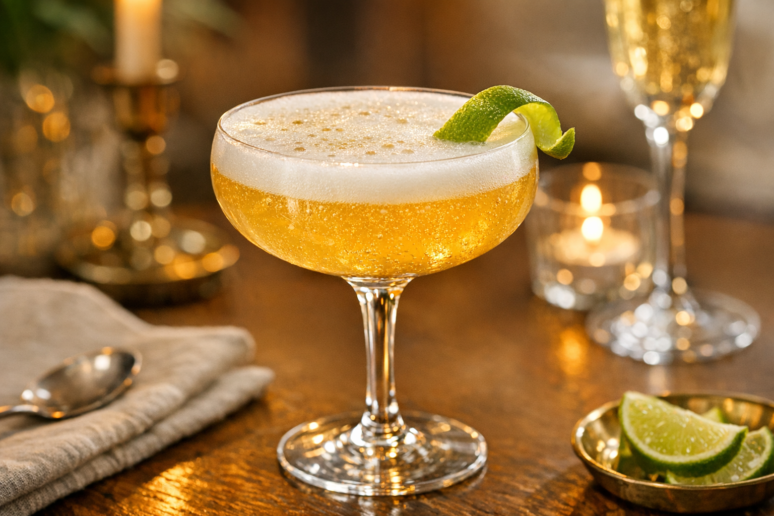 A sleek coupe of the Elegant Havana Passion cocktail, foamy and topped with Cava, lime twist garnish in warm Art Deco lighting.
