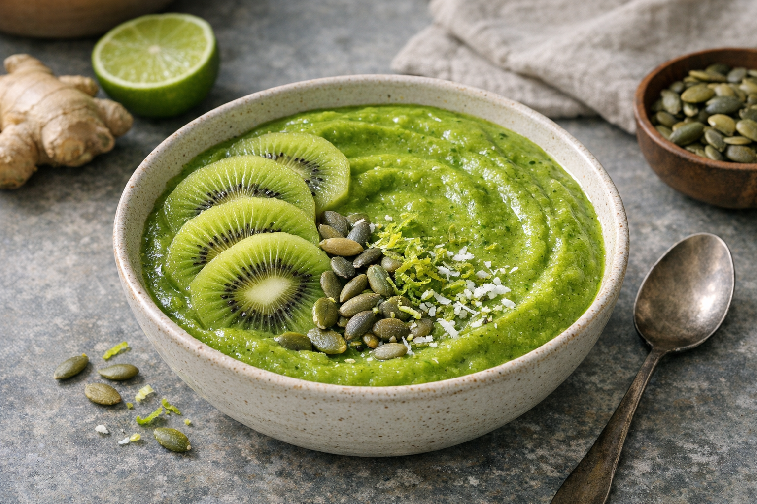 A vibrant green smoothie bowl with kiwi slices, pumpkin seeds, and lime zest on a cool stone surface.