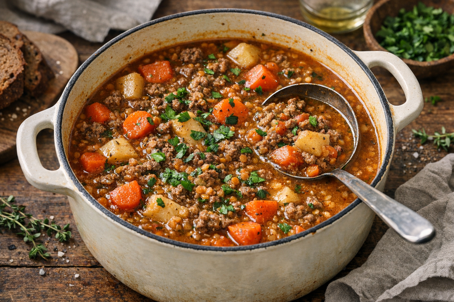 A Nordic-style beef and red lentil stew in an enamel pot, with carrots and parsnips, garnished with parsley.