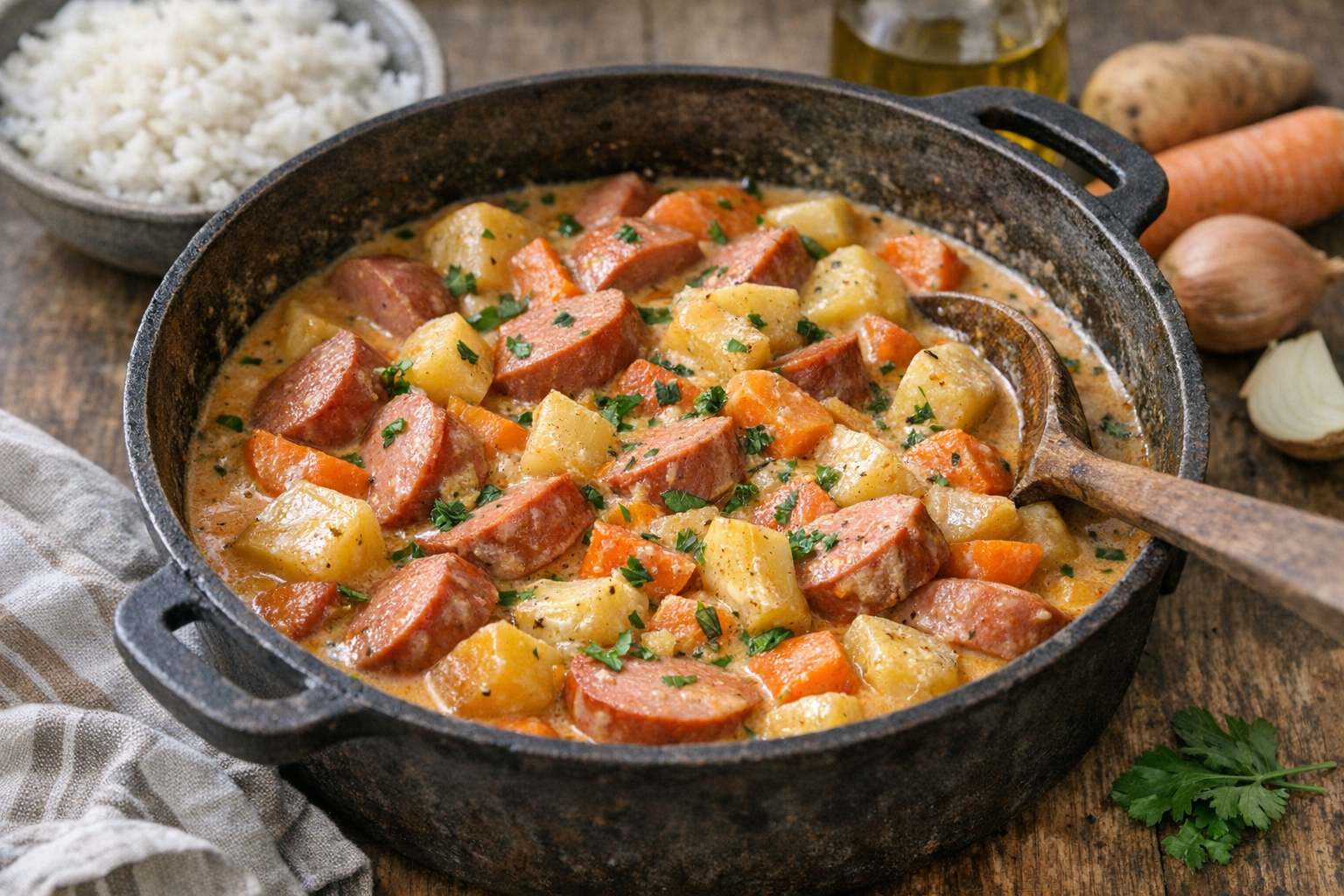 En smakfull bild av Falukorvsgryta med rotfrukter och kokos, serverad i en rustik gryta.