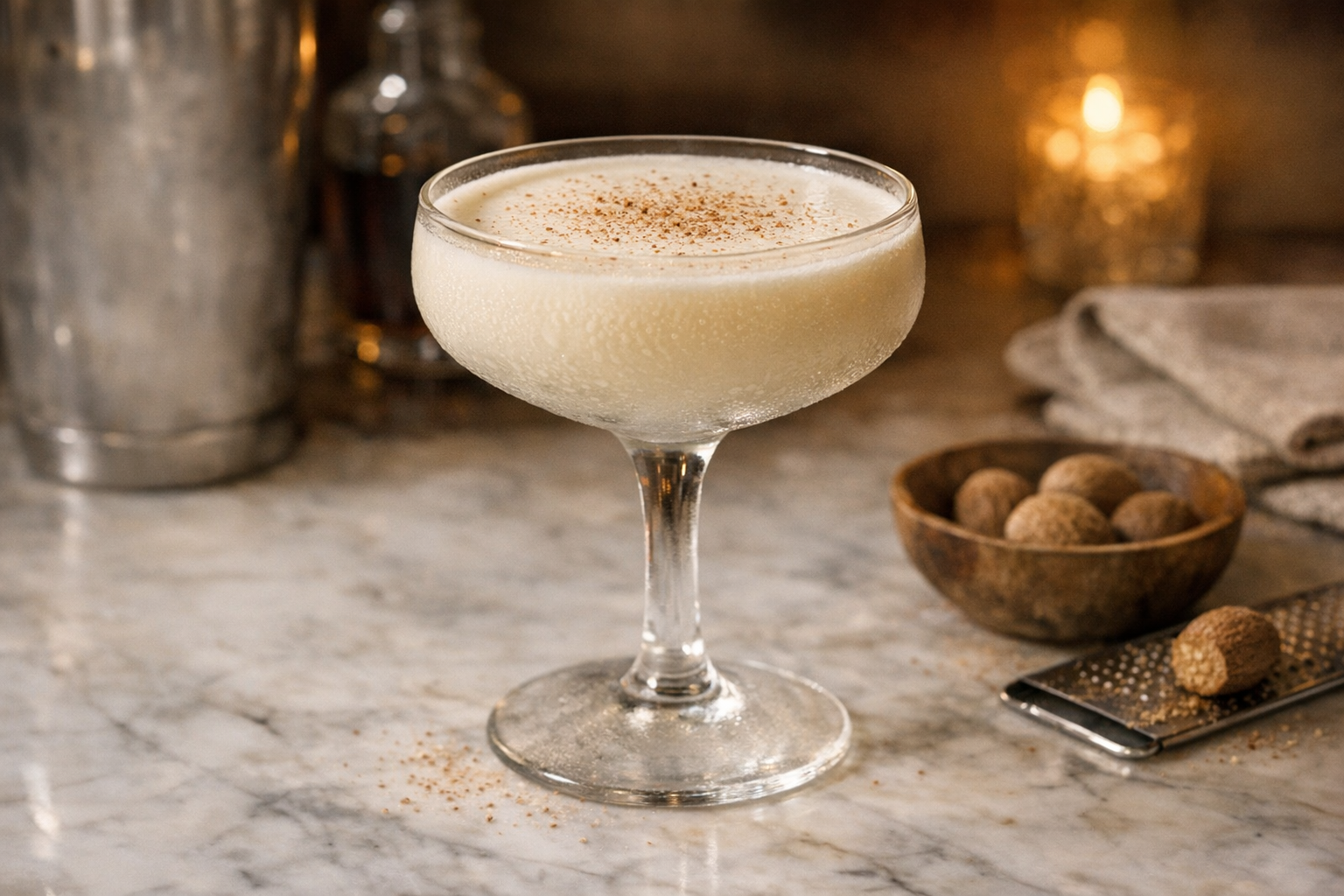 A frosty coupe of the classic Gin Alexander, ivory‑pale and dusted with fresh nutmeg on a marble bar in warm speakeasy light.