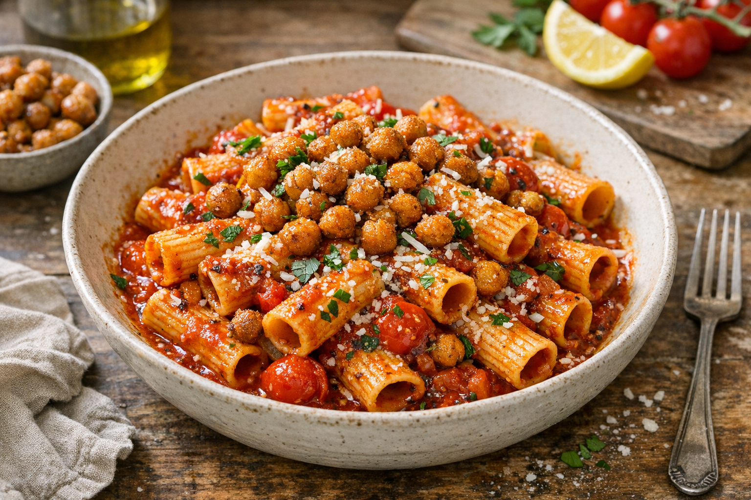 Bowl of rigatoni in spicy Calabrian tomato sauce topped with crispy chickpeas, parsley, and grated cheese
