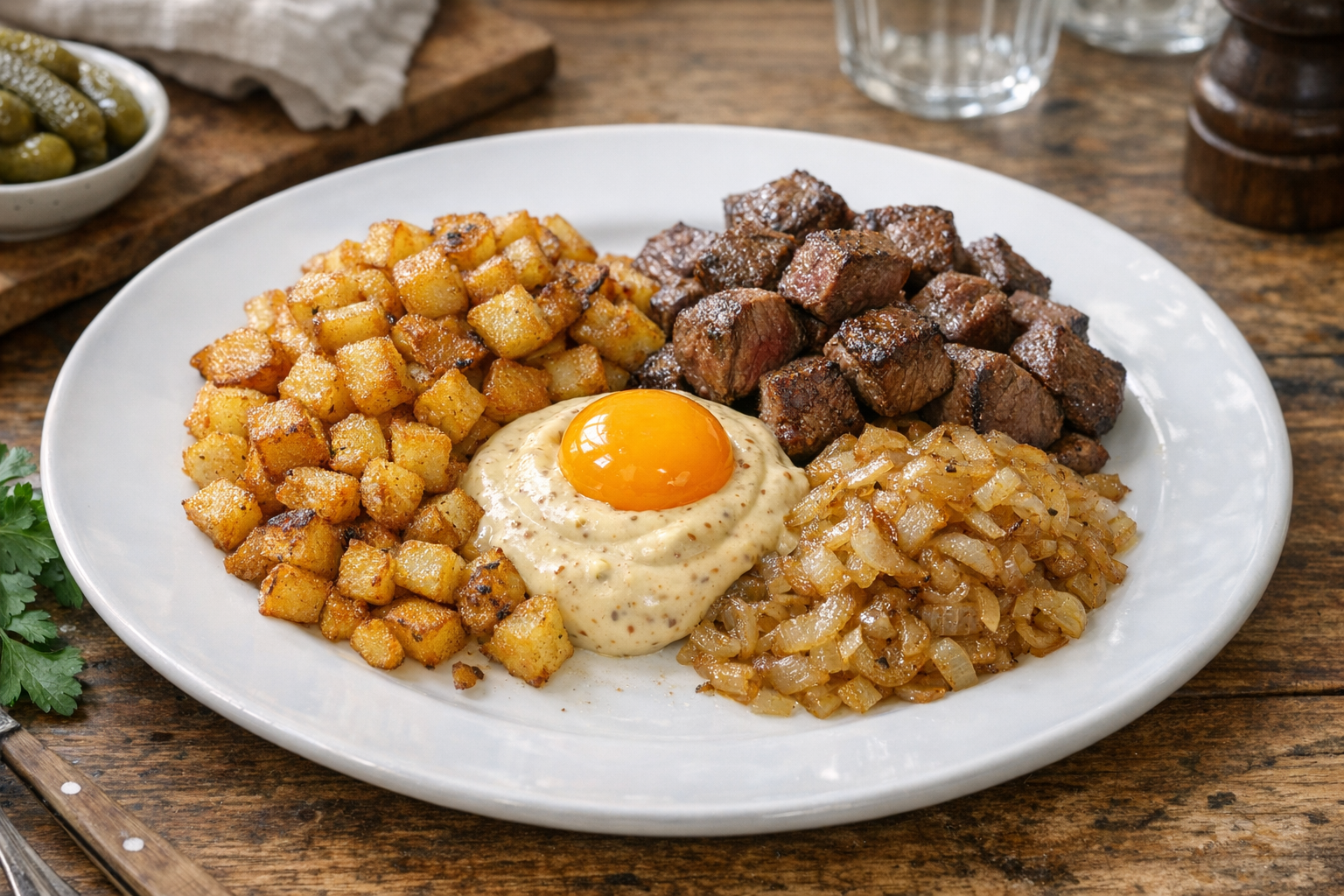 Elegant tallrik med klassisk Biff Rydberg: tre högar av frasig potatis, karamelliserad lök och rosig oxfilé, med äggula och senapsgrädde.