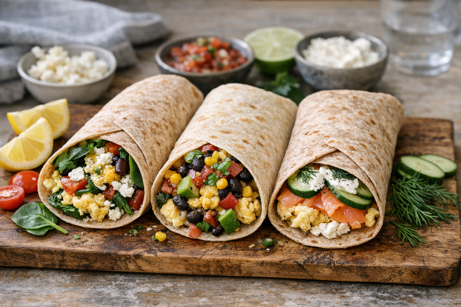 Three colorful breakfast wraps—Mediterranean, Mexican, and Nordic—on a wooden board with lemon and herbs.