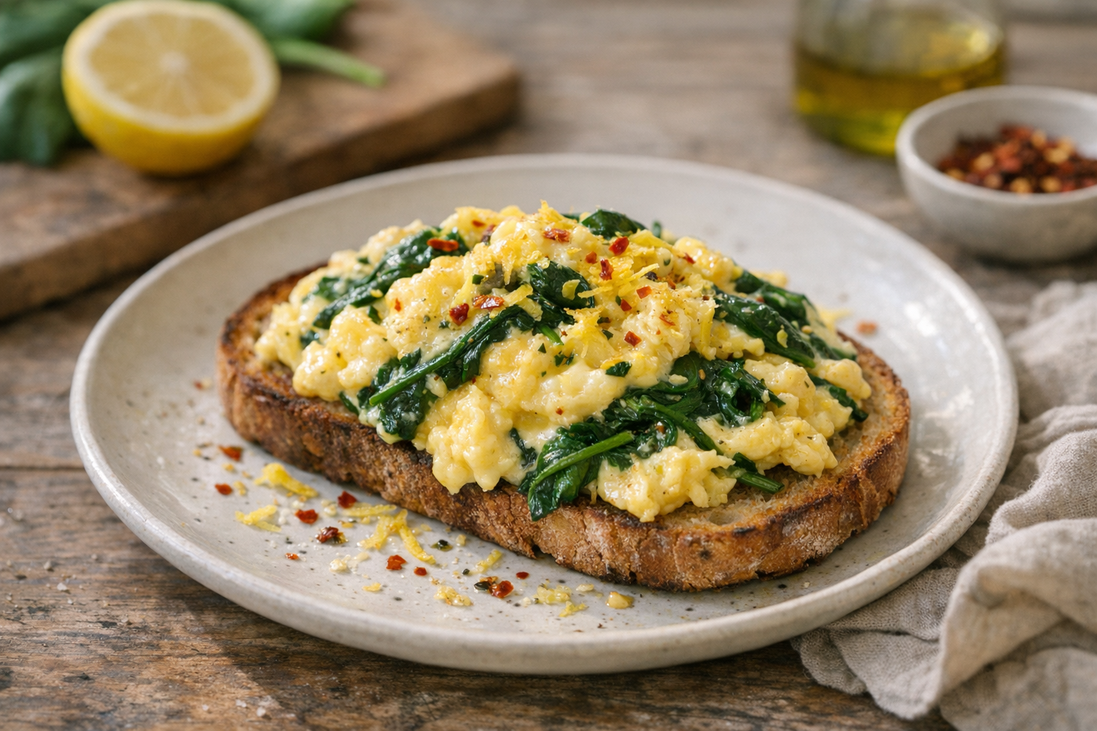 Creamy soft scrambled eggs folded with wilted spinach, lemon zest, and chili flakes on warm toast in morning light.