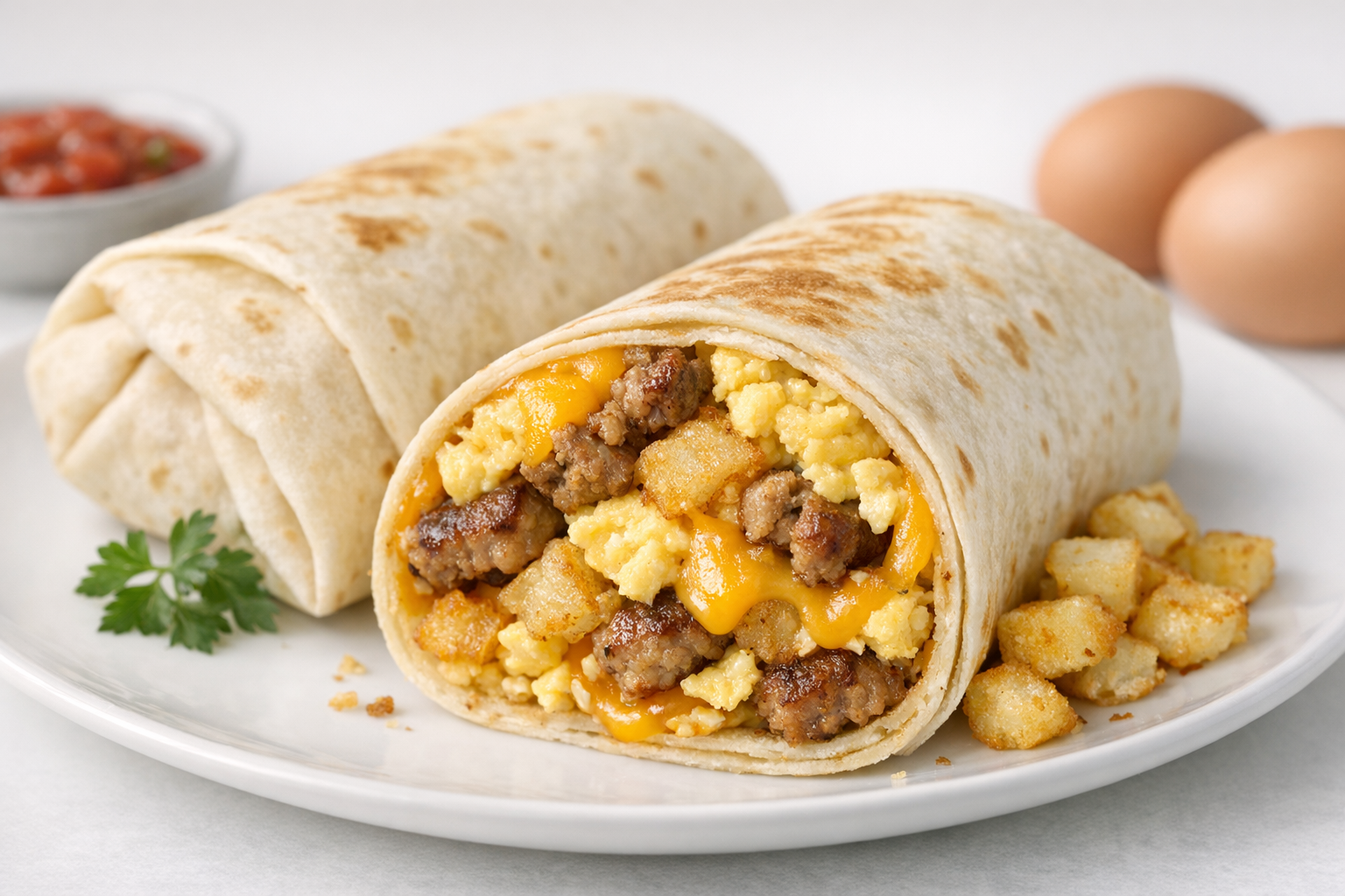 Wholesome tortilla breakfast wrap filled with scrambled eggs, sausage, hash browns, and melted cheddar cheese.