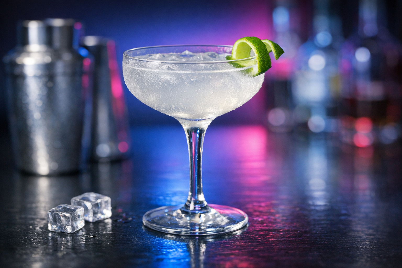 Icy Kamikaze cocktail in a chilled coupe with a lime twist on a neon-lit bar