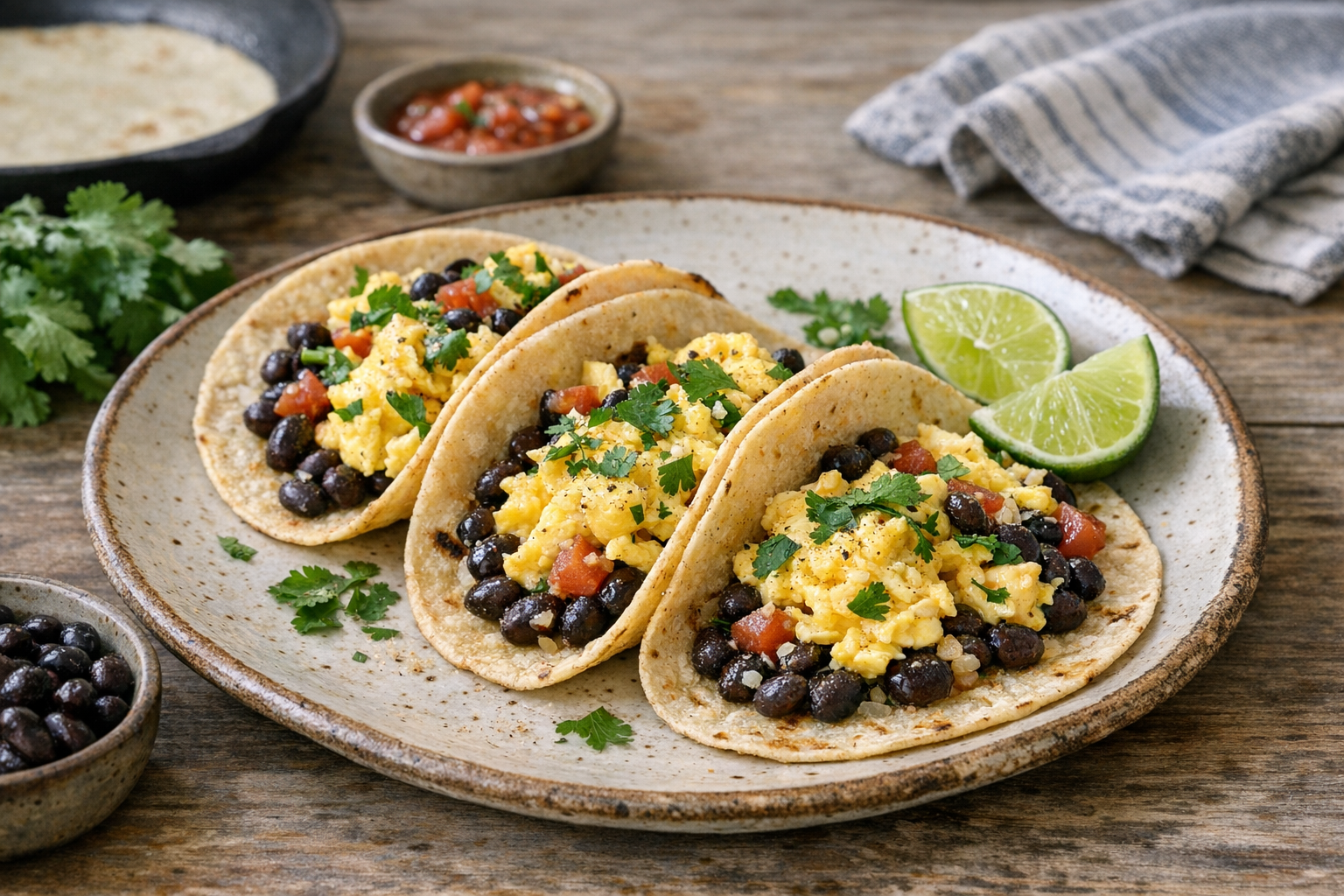 Rustic plate of corn-tortilla breakfast tacos with soft scrambled eggs, black beans, coriander, and lime wedges.