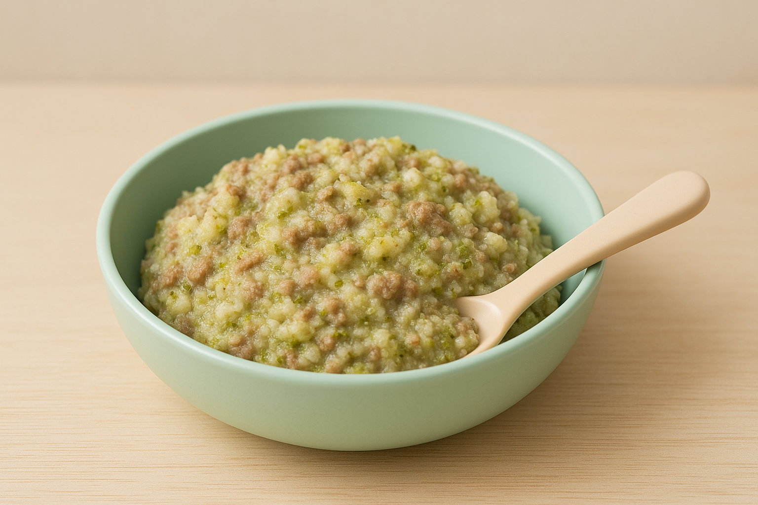 Softly mashed blend of rice, ground beef, and broccoli in a child-friendly dish.