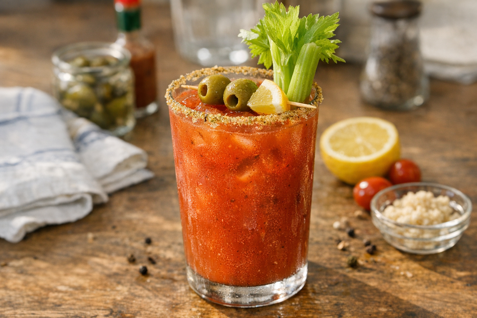 Classic Bloody Mary in a highball with celery stalk, olives, and celery-salt rim on a sunlit brunch table.