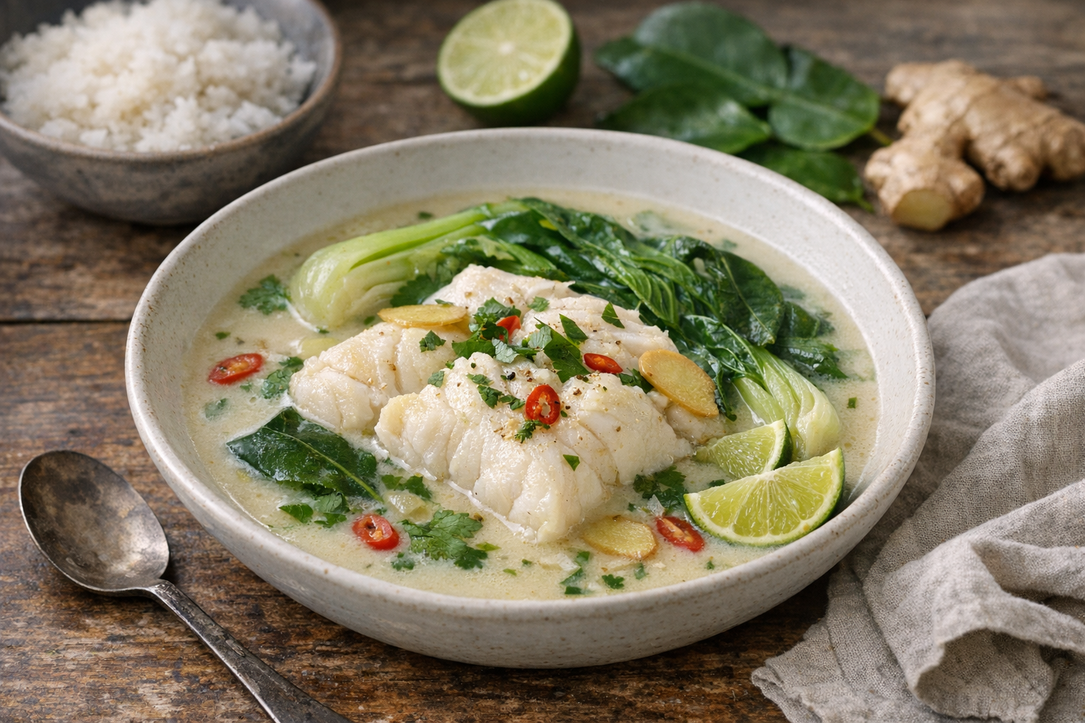 Shallow bowl of cod poached in coconut-lime broth with ginger, bok choy, and herbs.