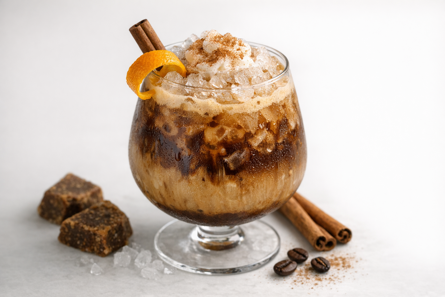 Iced Peruvian pisco coffee cocktail with cinnamon and orange twist on crushed ice
