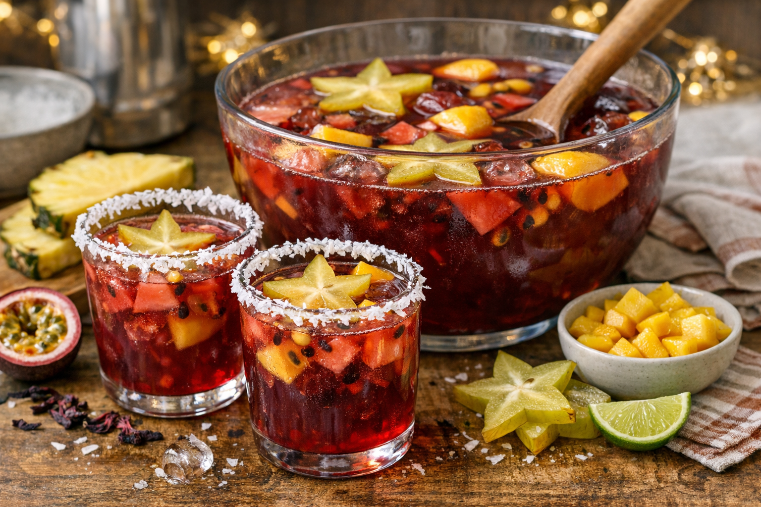 Festive ruby tropical punch with star fruit slices and coconut-rimmed glasses on a New Year table.