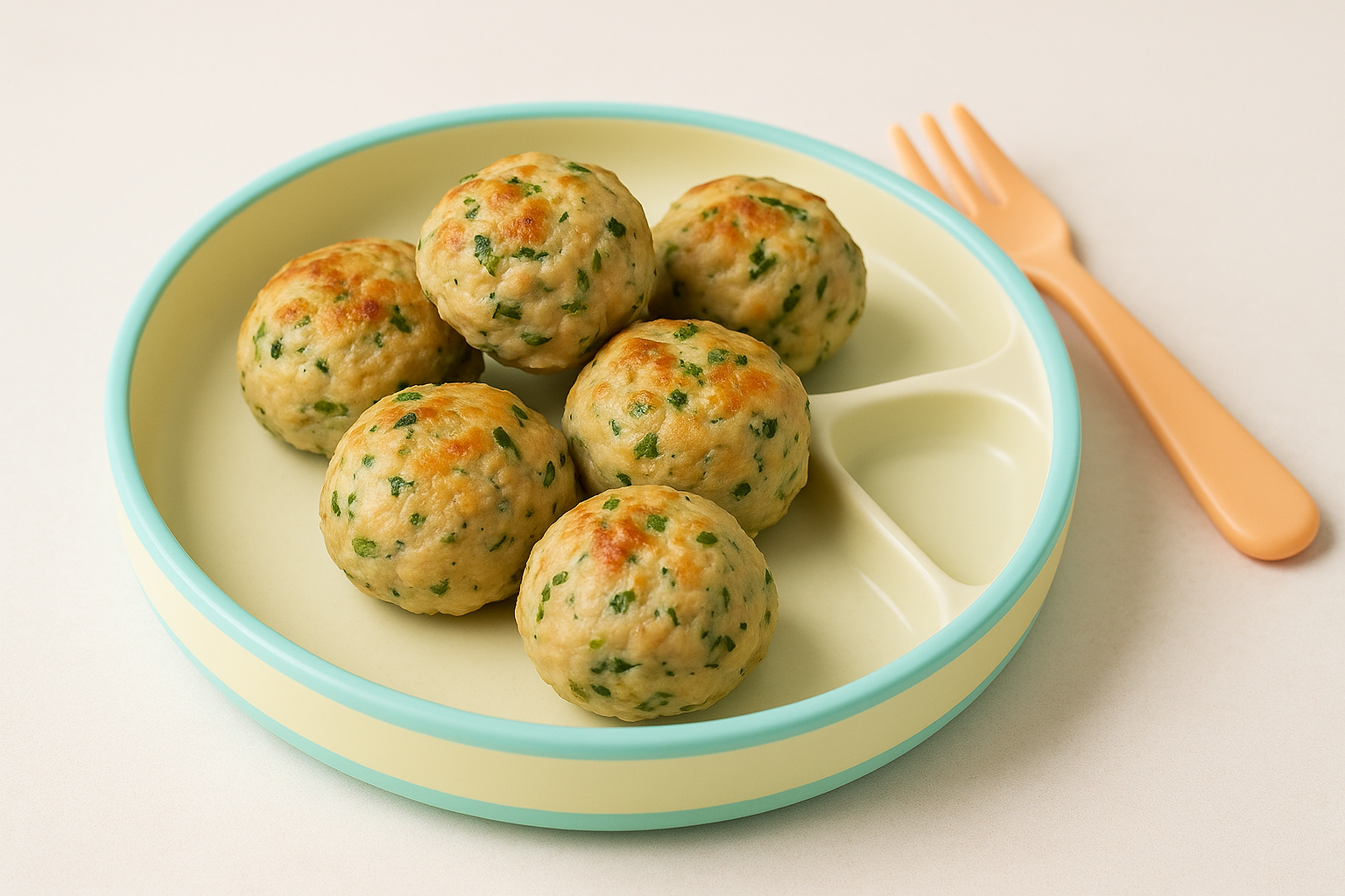 A colorful array of soft, herby turkey meatballs on a child-friendly plate