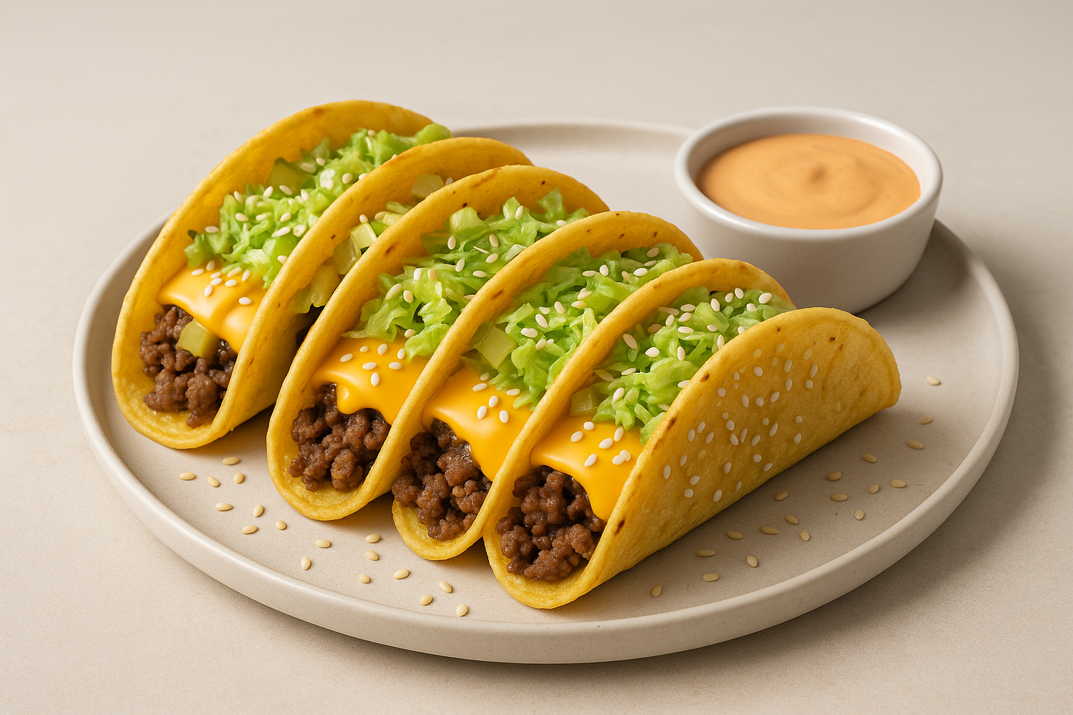 A plate of Big Mac Tacos, garnished with sesame seeds and a side of special sauce.