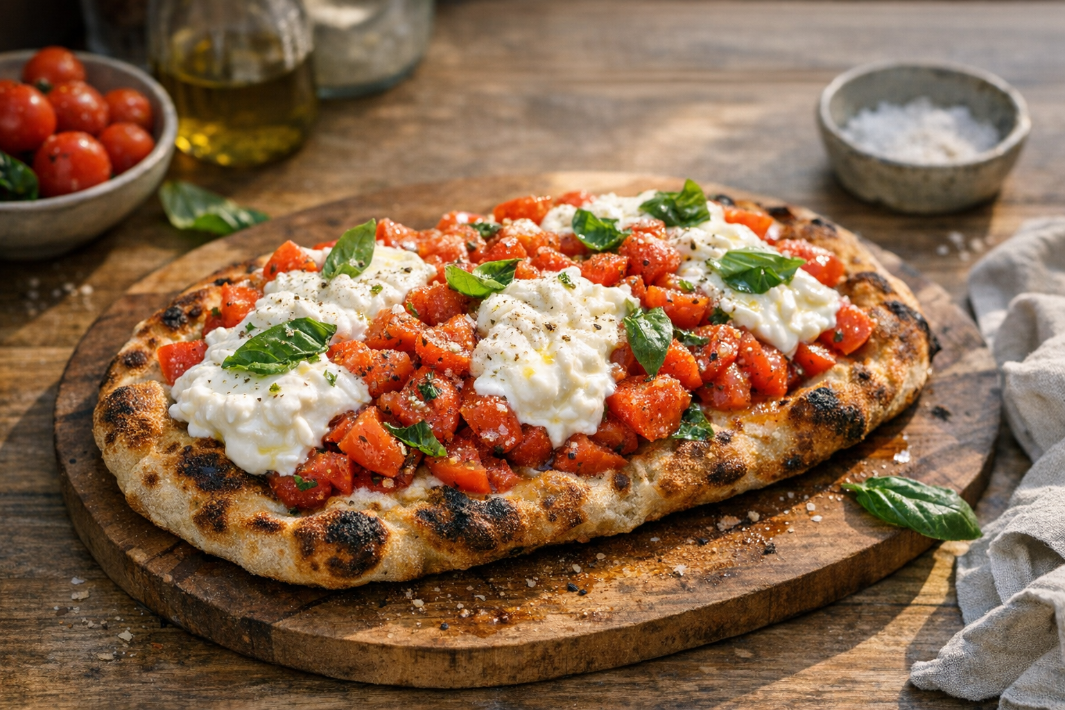 Crisp Roman pinsa topped with stracciatella, juicy tomatoes, and basil on a sunlit table.