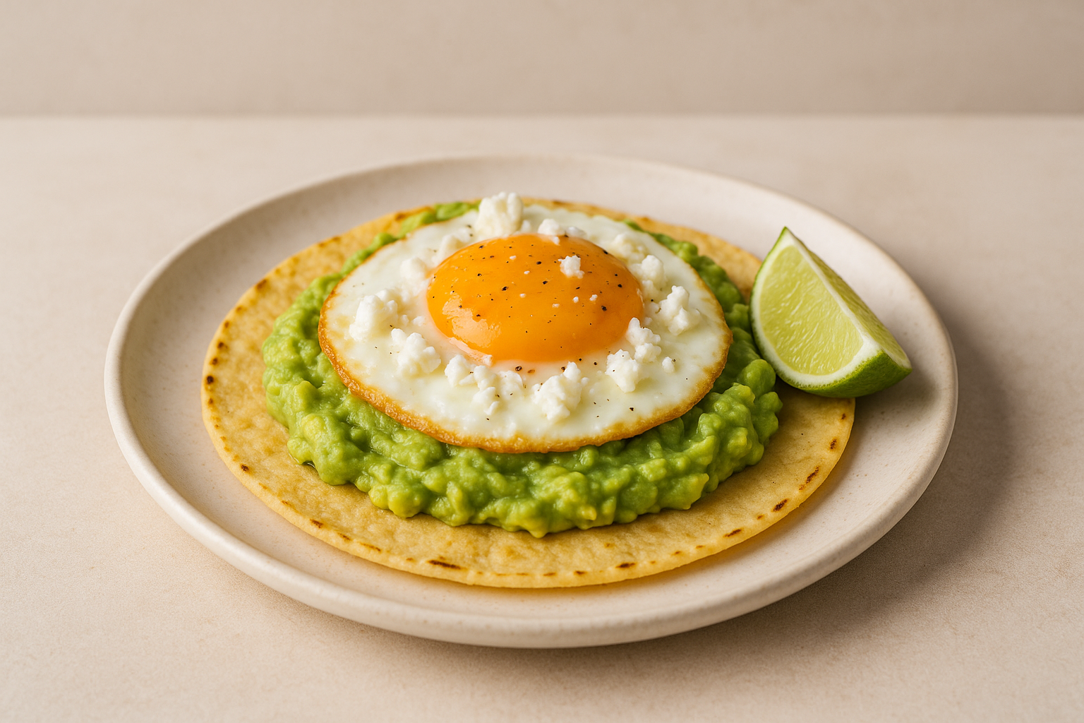 Fluffy feta fried egg sitting atop smashed avocado spread over a warm corn tortilla with a slice of lime.