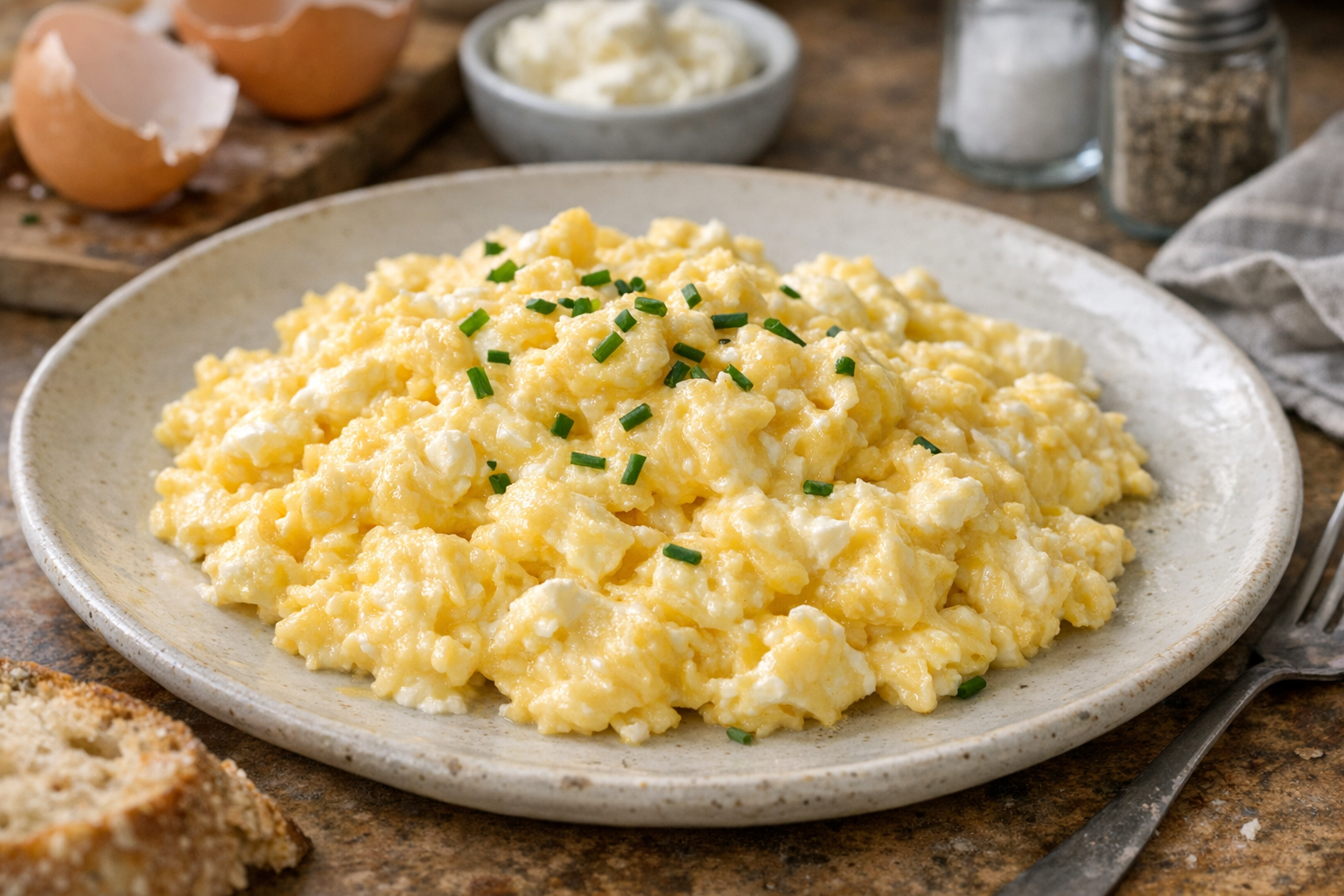 Creamy scrambled eggs on a plate with a garnish of chives, showing their fluffy texture.