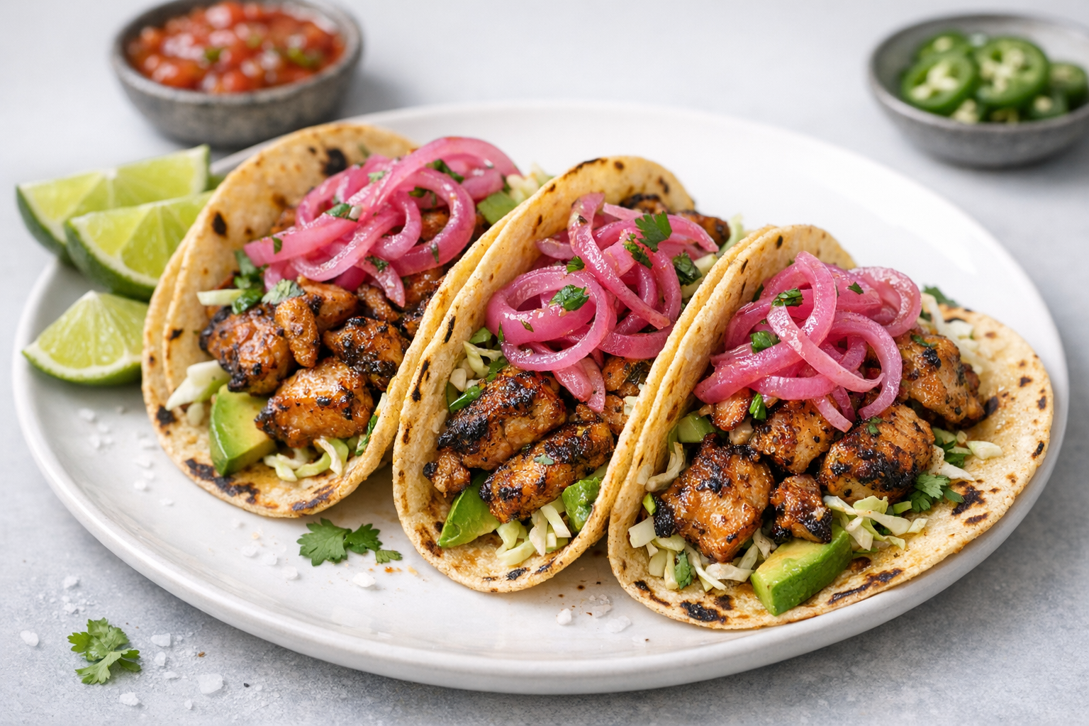 Street-style lime-chili chicken tacos with pickled onions on warm corn tortillas