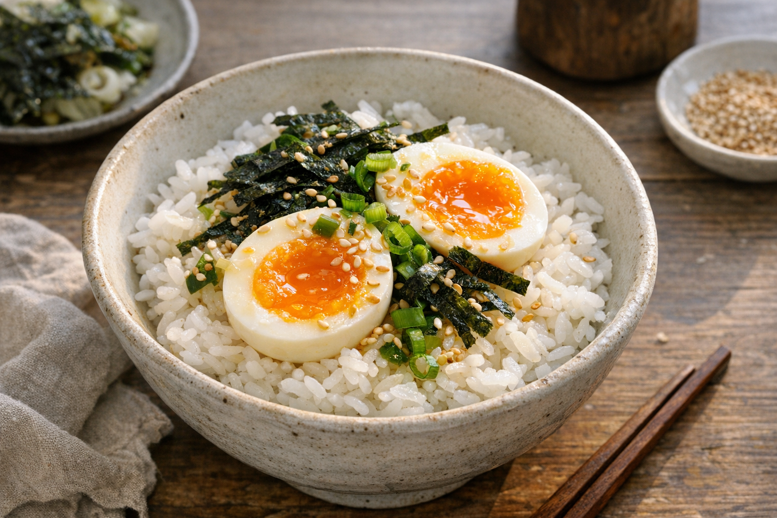 A serene morning bowl of steamed Japanese rice topped with jammy eggs, sesame, scallions, and nori in soft window light