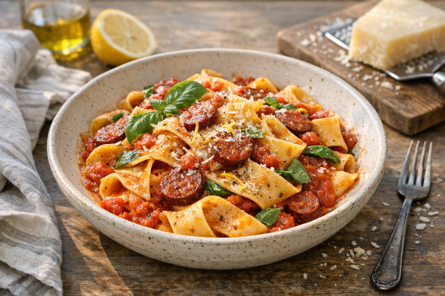 Rustic bowl of pappardelle with chorizo‑tomato sauce, basil, and lemon zest on a sunlit table