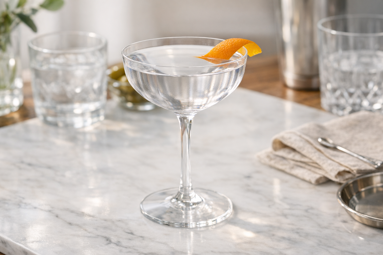 A crystal-clear modern Cosmopolitan cocktail in a chilled coupe with an orange twist on a marble bar.