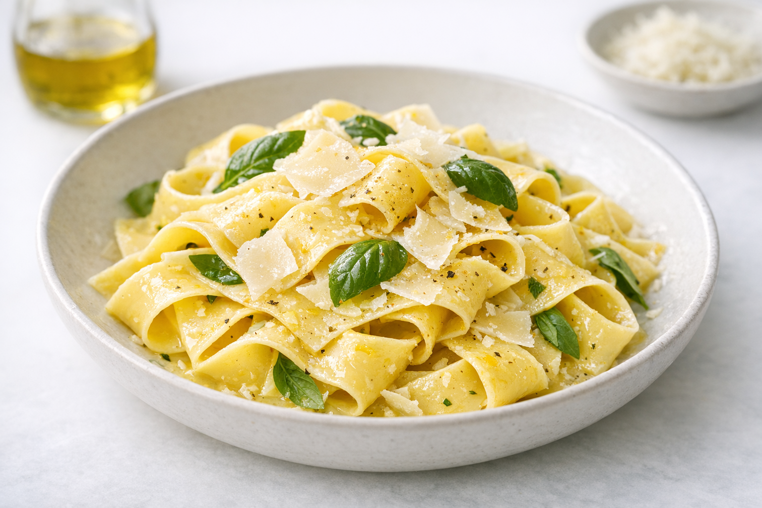 A shallow bowl of glossy pappardelle with basil and shaved Grana Padano under soft daylight.