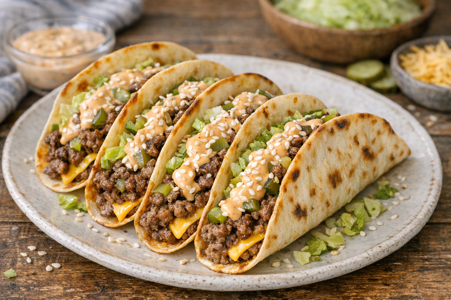 A row of tacos filled with ground beef, lettuce, cheese, and special sauce, garnished with sesame seeds.